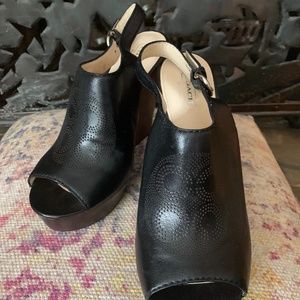 COACH over 4 “wedge black leather/brown wood heel 9.5 B